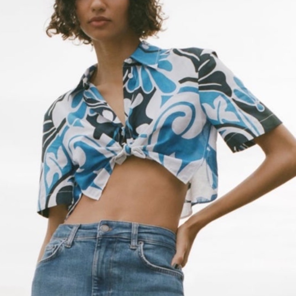 Zara Blue and Black Floral Crop Top